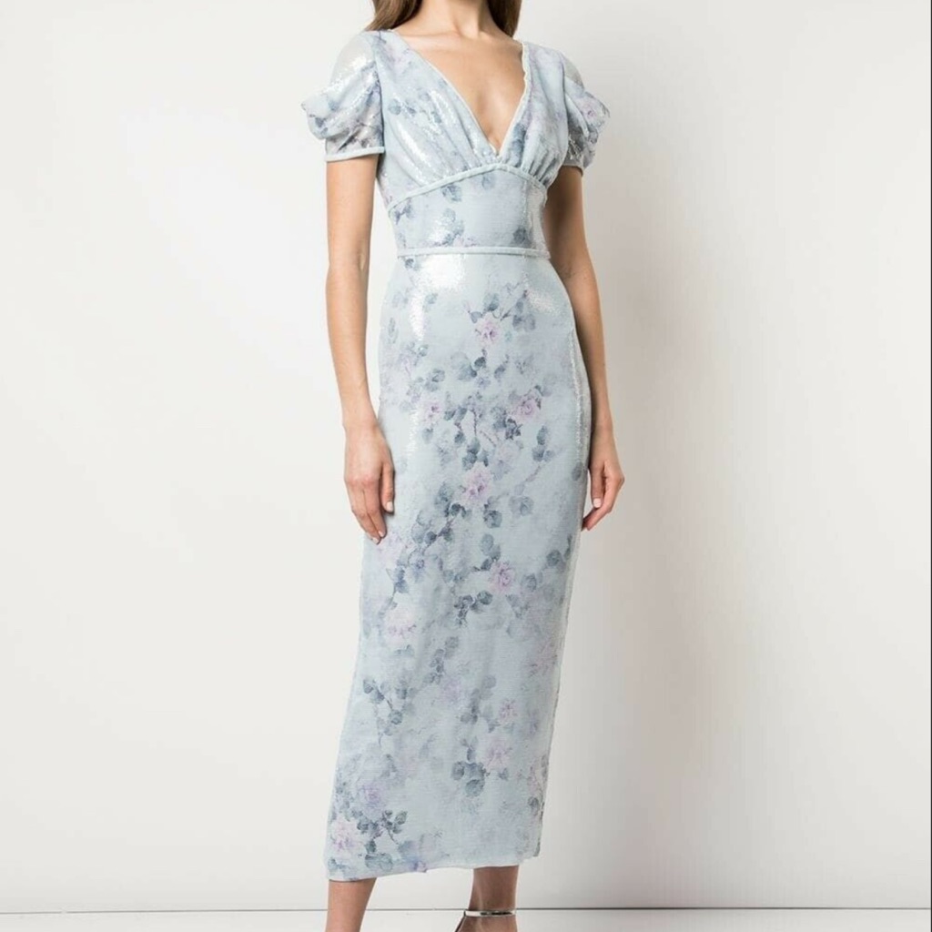 Marchesa Notte Sequin Floral Midi Dress In Blue And Lavender - Size 0, Nwt